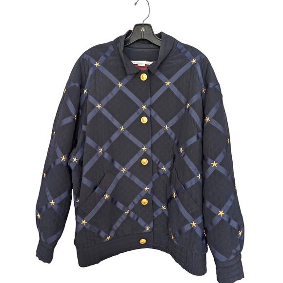Vintage Peter Nygard Navy Silk Bomber with Ribbon and Gold Accents - Picture 1 of 13